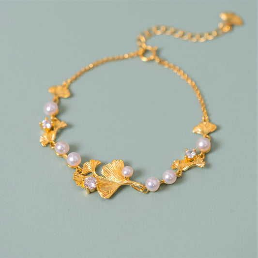 S925 Silver Plated Rhinestone Pearl Ginkgo Bracelet