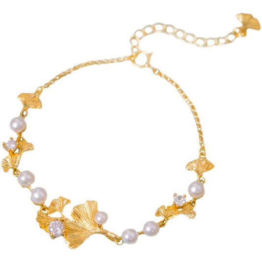 S925 Silver Plated Rhinestone Pearl Ginkgo Bracelet