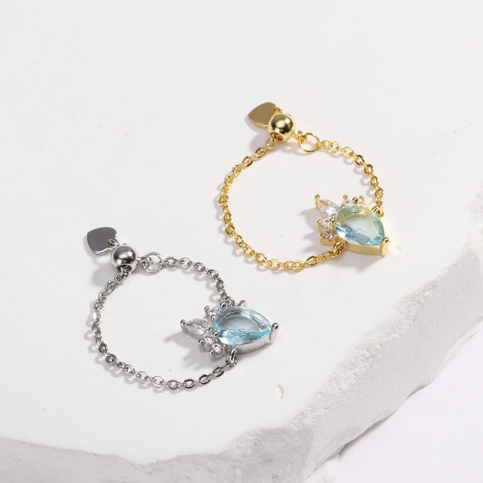 Copper Plating 18K Niche Temperament Drop-shaped Micro Rhinestone Open Chain Ring