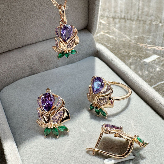 Rose Gold Jewelry Suit Color Retaining Ring Earrings Necklace Three-piece Set